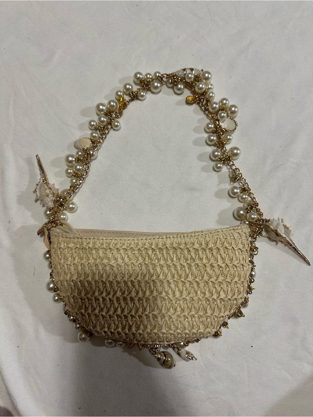 Sea Shell Raffia and Gold Charm Purse